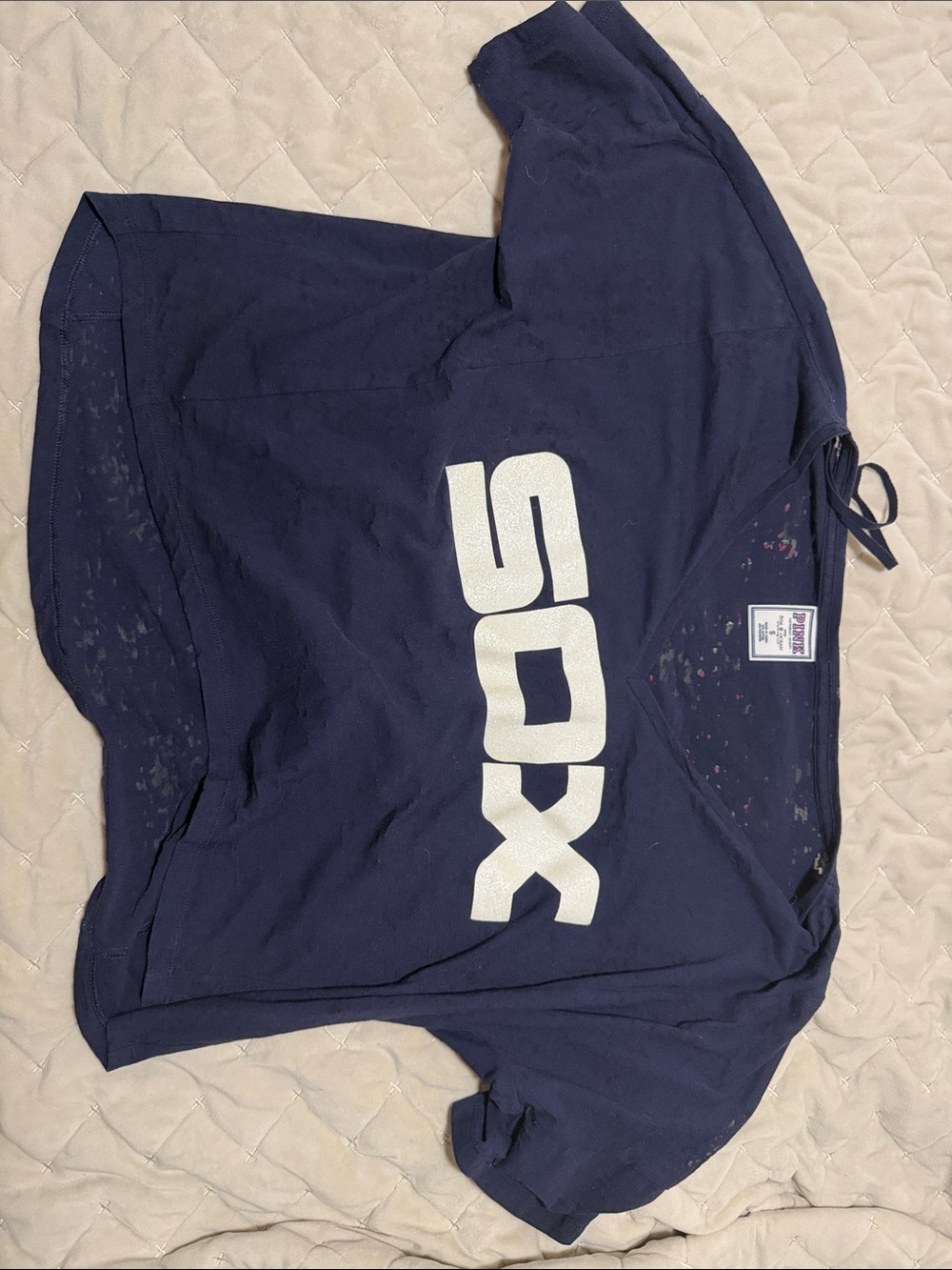 PINK Victoria's Secret Navy Crop Top with White 'SOX' Graphic